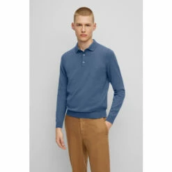 BOSS Bono Long Sleeve Knitted Polo Shirt Silver